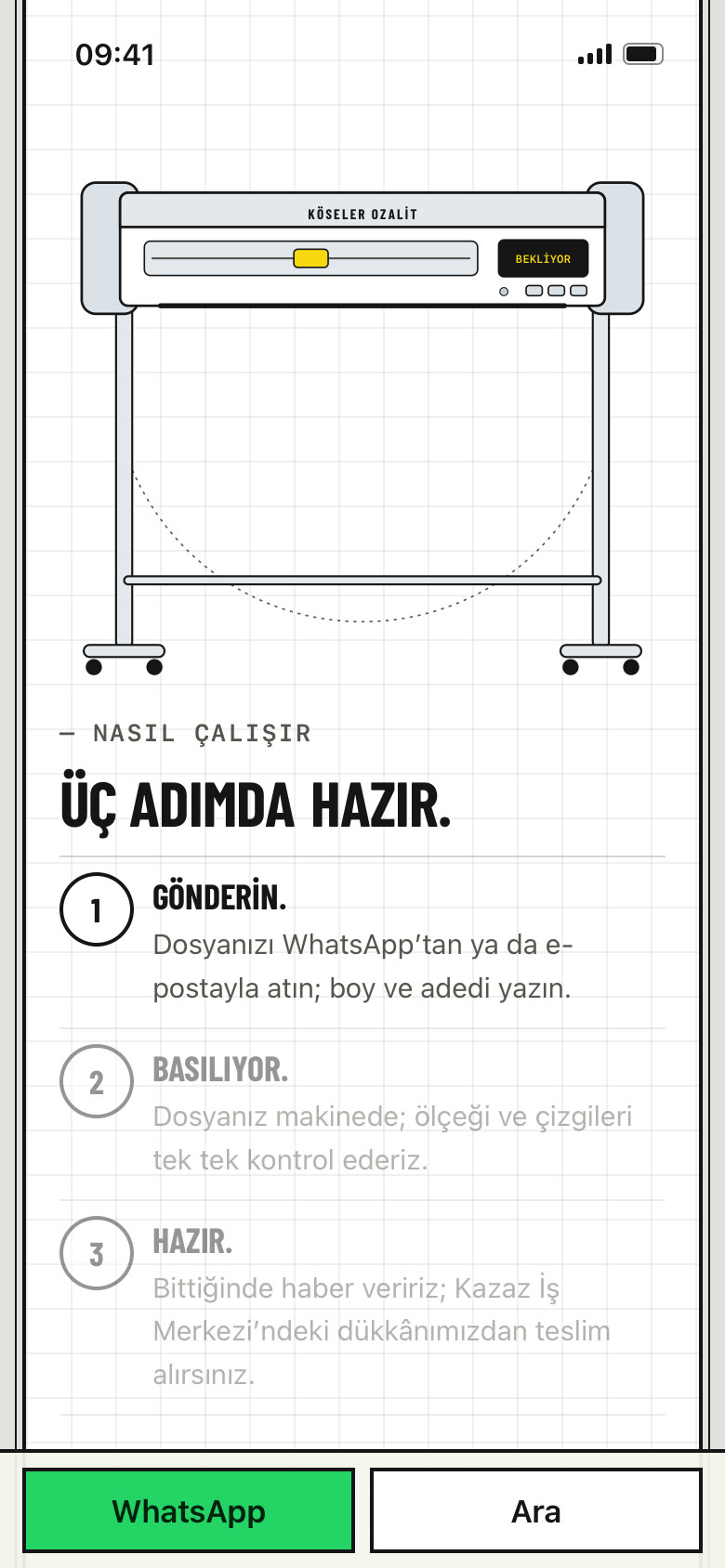 Nasıl çalışır bölümü: çizilmiş plotter ve üç adım
