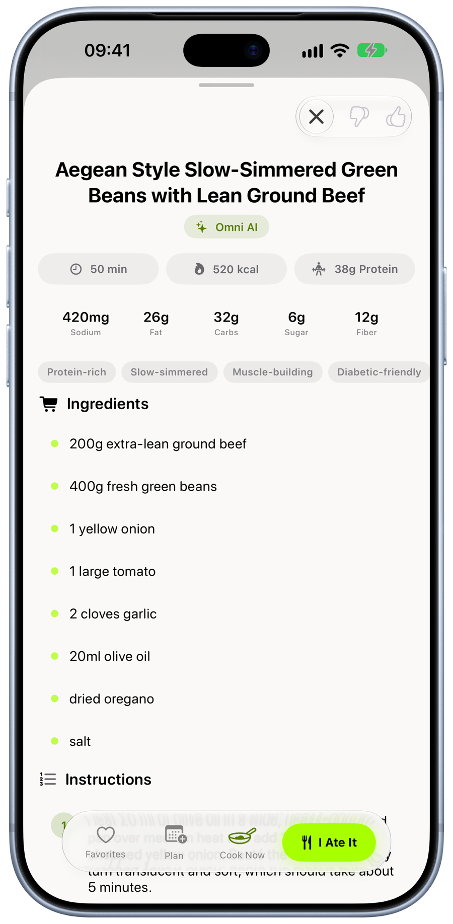 A recipe in Omni with calories, protein and ingredients
