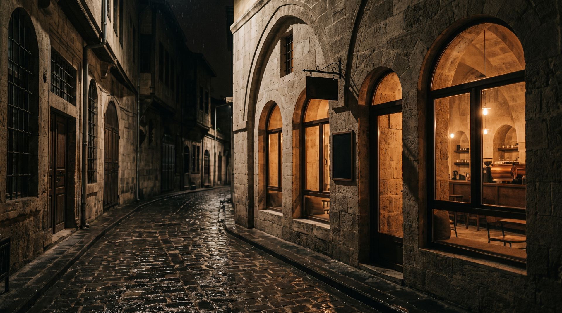 Gece, taş sokakta HATIR'ın ışıklı pencereleri