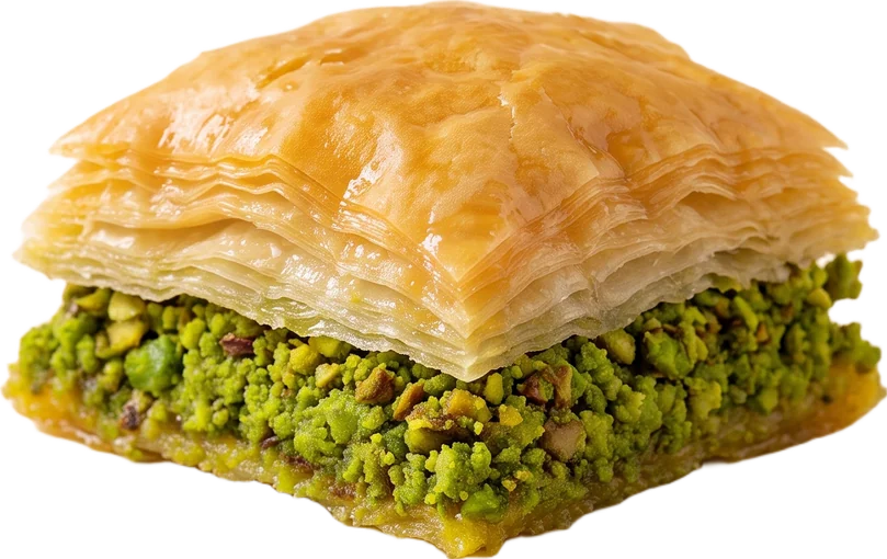 Bütün bir fıstıklı baklava dilimi